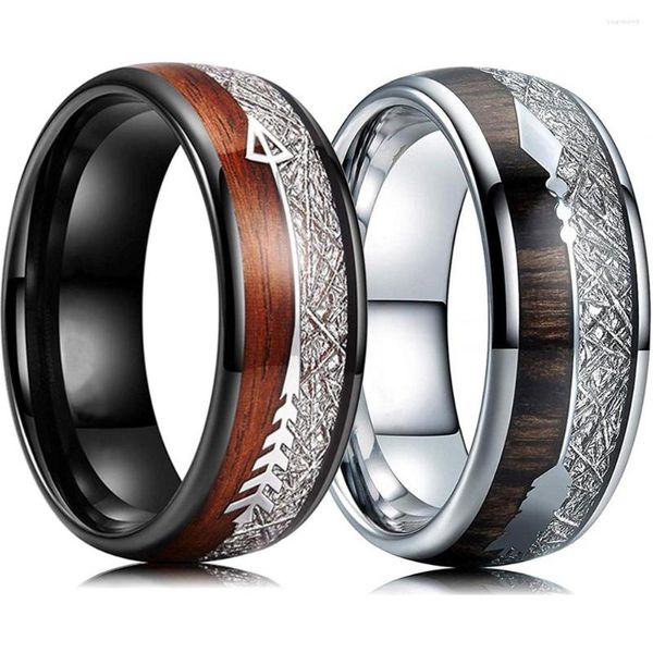 Alianças de casamento moda 8mm vking seta incrustação de aço inoxidável madeira koa meteorito adesivo promessa para homens mulheres banda jóias