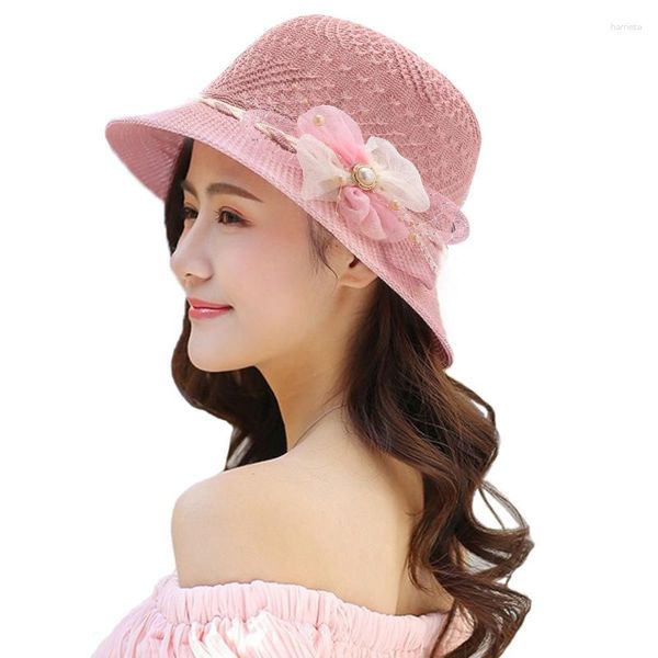 Chapéus de aba larga verão sólido flexível oco respirável balde de palha para mulheres acessórios de flores senhoras praia bonés de sol