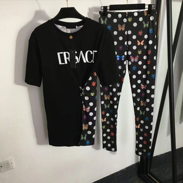 2024 Designerinnen Frauen Tracksuits Brief Shirt New Butterfly Beetle Polka Punktdruck Pin verschönerte Kurzarm T-Shirt Skinny Leggings Crop Top Ladies Black SML