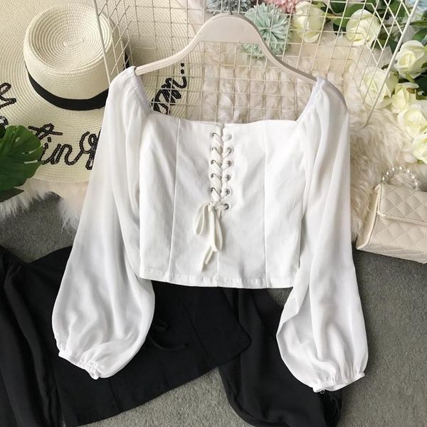 Camicette da donna Camicetta chic francese Donna Fasciatura con spalle scoperte Allacciatura Ragazze dolci Blusas De Mujer Manica a sbuffo Corsetto femminile Top Drop