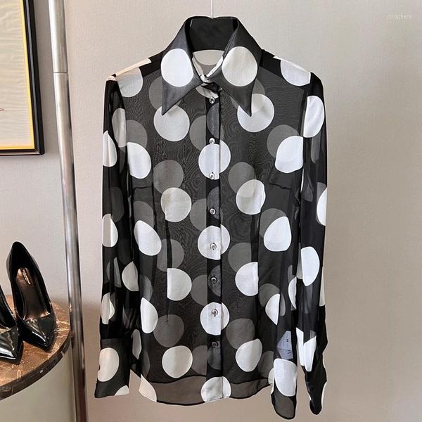 Blusas Femininas Camisa Feminina de Alta Qualidade Seda Fashion Runway Preto e Branco Polka Dot Sexy Perspective Top Blusa Festa Verão 2023