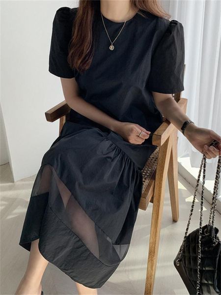 Capris nova coreia verão feminino renda vestido preto mulher pulôver plissado ruffes vestido moda senhoras das mulheres casuais escritório vestidos longos