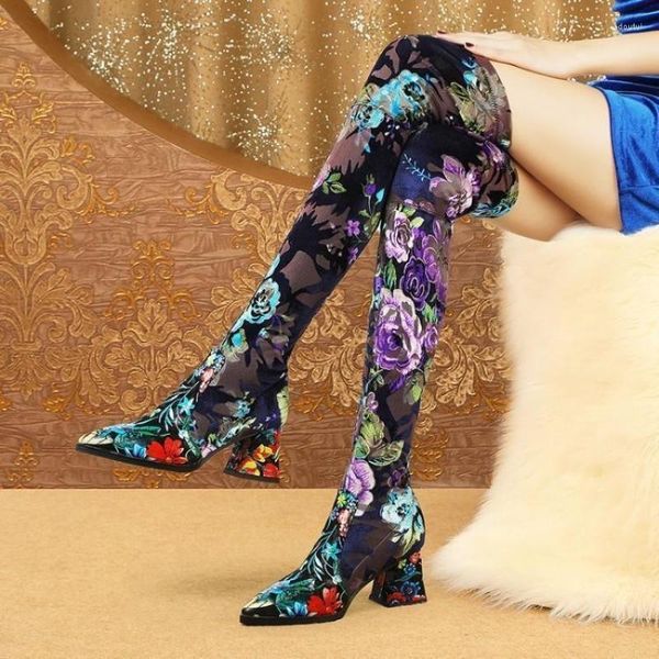 Scarpe eleganti Botas Mujer 2023 Stivali sopra il ginocchio Ricama fiore Tacchi alti da donna Punta a punta casual lunga
