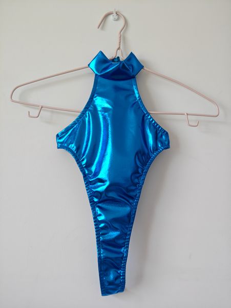 Nuovo design collo alto donna ragazza costume intero costume da bagno collant lucido metallizzato bikini wetlook