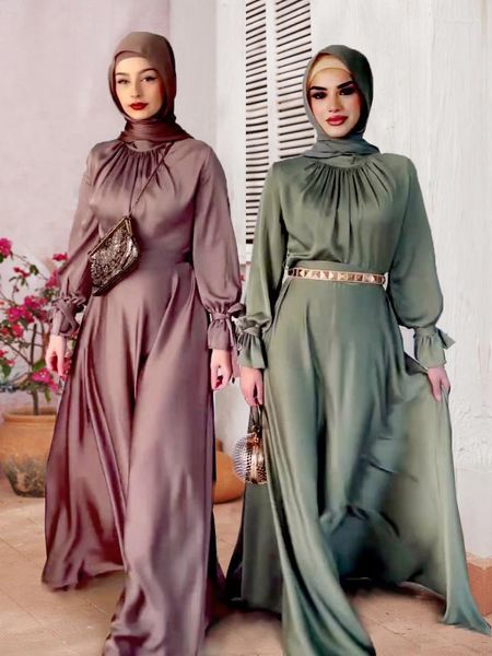 Abbigliamento etnico Eid Abaya Dubai Abito musulmano Donna Arabia Saudita Turchia Abiti da sera con lacci in seta Ramadan Islam Abaya Cintura Abiti Caftano