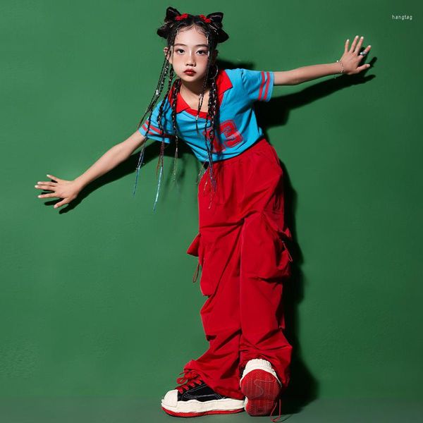 Bühnenkleidung 2023 Kinder Jazz Modern Dance Rave Kleidung Blaue T-Shirts Rote Cargohosen Anzug für Mädchen Streetwear Hip Hop Kleidung DQS13018