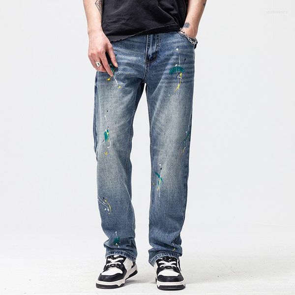 Мужские джинсы американская уличная мода мужчина ретро синий рисунок дизайнер с прямой широкой ногой свободные брюки винтажные джинсовые штаны Hombre