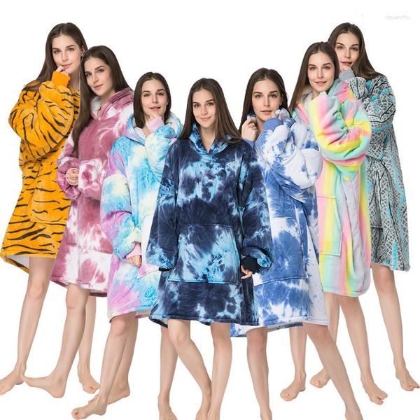 Ethnische Kleidung JESSIC Flanell-Tie-Dye-Druck-Paar, verdickter, langärmliger, kragenloser Homewear-Hoodie, bequemer Nachthemd-Pyjama