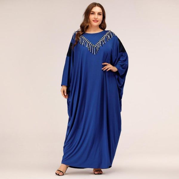 Ethnische Kleidung Abaya für Frauen, blaues muslimisches Fledermaus-Langarm-Schwarz-Weiß-Quasten-Spitze-Applikation, loses großes Swing-Kleid, Dubai, türkischer Islam