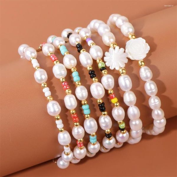 Charme Pulseiras Irregulares Pérolas Brancas Contas Pulseira Concha De Água Doce Flor Feminina Espaçador Pequeno Semente Ajustável