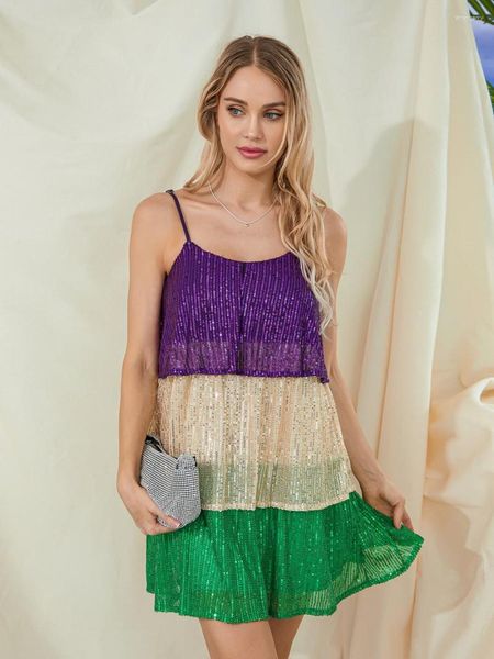 Freizeitkleider Wsevypo Funkelndes, mit Pailletten geschichtetes Sommer-Minikleid für Damen mit Spaghettiträgern und Rundhalsausschnitt, Strandurlaub-Outfit
