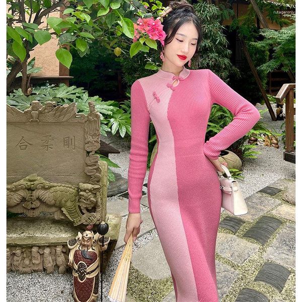 Roupas étnicas Chinês Malha Cheongsam Vestido Estilo Nacional Melhorado Manga Longa Slim Sexy Qipao Costura Feminina P1