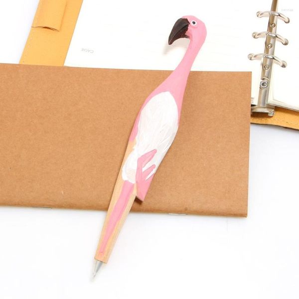 Caneta esferográfica de madeira esculpida em forma de flamingo feito à mão criativa para escrever material escolar de escritório presente