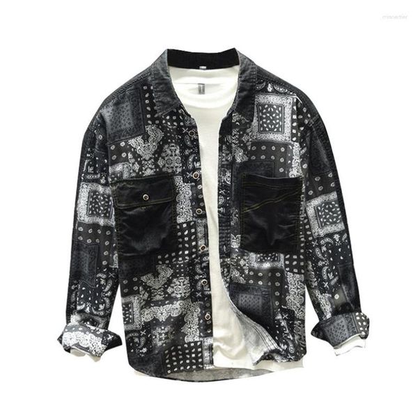 Мужские повседневные рубашки хлопка Paisley Bandana Spring Shirt Men Men Turn Geometric Patchwork Harajuku Plaid Tops