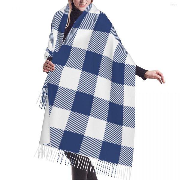 Schals Winter Quaste Schal Blau Weiß Plaid Frauen Kaschmir Hals Kopf Warm Pashmina Dame Schal Wrap Bandana