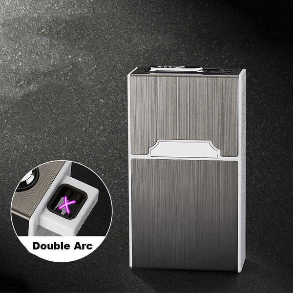 Usb duplo arco plasma isqueiro automático caixa de cigarro de metal caixas 20 pçs titular cigarro caso gadget para presentes masculinos 7n2l