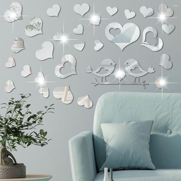 Flores decorativas espelho de parede adesivos em forma de coração apliques decalques acrílico decoração espelhos adesivo
