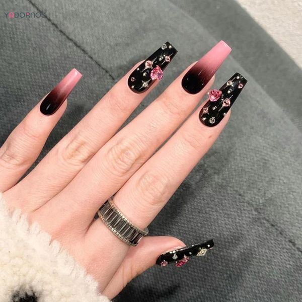 False unhas y2k preto prensado na rosa strass rosa amor coração projeta caixão longo estrela de prata francesa Fake for Women