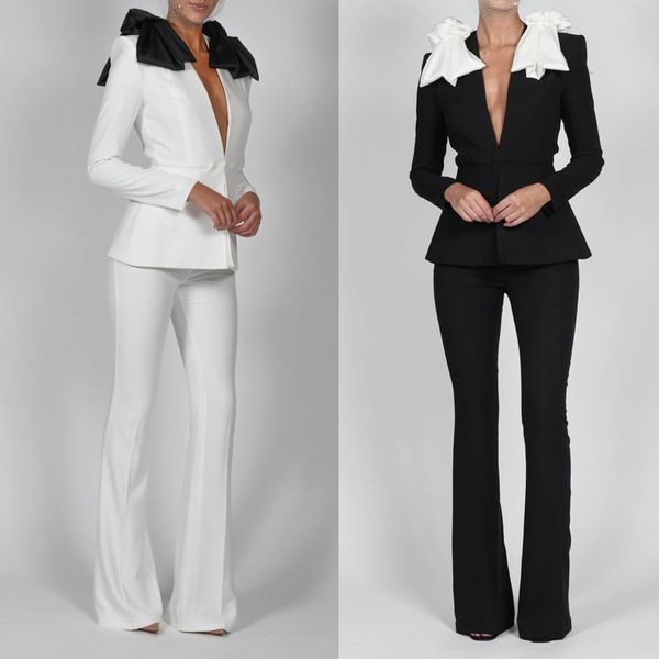 Weiß-schwarze Damen-Hosenanzüge, maßgeschneiderter Blazer mit großer Schleife, weibliche Promi-Show-Kleidung, Abschlussball, 2-teilig