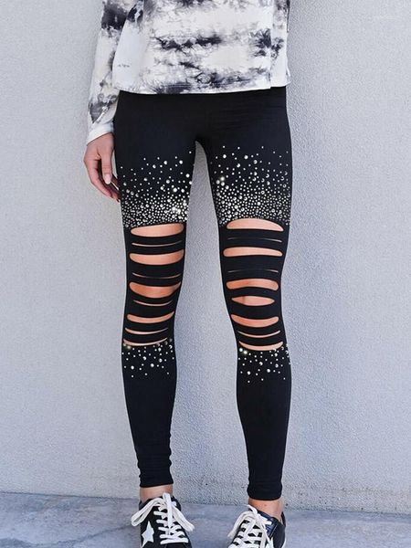 Leggings da donna Pantaloni da allenamento Diamond Fitness Donna Strappato elastico Moda Collant da palestra Foro a vita alta Nero Push Up Abbigliamento sportivo