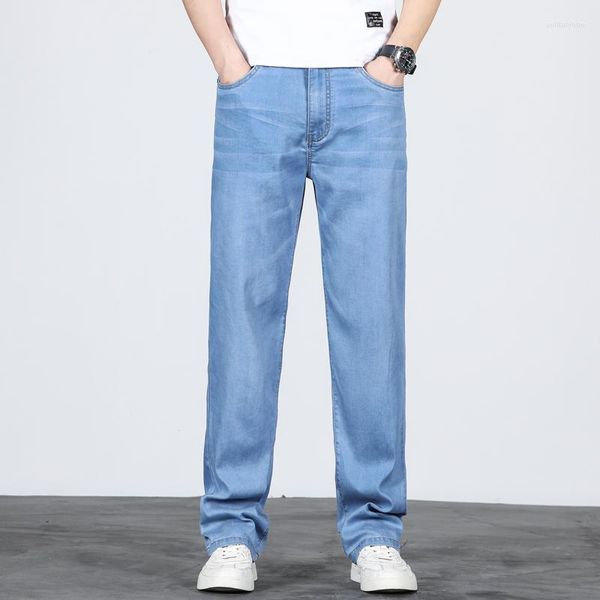 Herren Jeans Plus Größe 42 44 46 Dünn Hellblau Gerade Weiches Lyocell-Gewebe Business Stretch Denim Freizeithose Markenhose