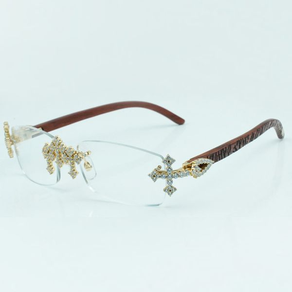 Montatura per occhiali in legno di tigre con diamanti incrociati 3524012 con lenti trasparenti da 56 mm