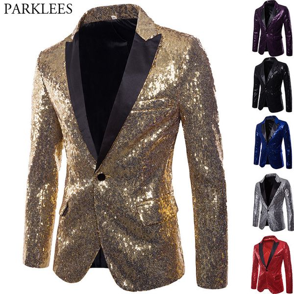 Abiti da uomo Blazer Shiny Gold Paillettes Glitter Impreziosito Blazer Jacket Uomo Nightclub Prom Suit Costume Homme Abiti di scena Per cantanti 230707