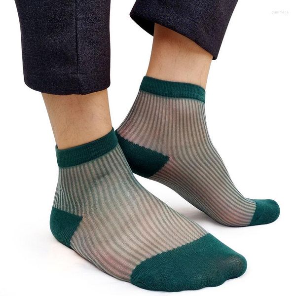 Мужские носки мужчины нейлоновые шелковые полосатые зеленые виды сквозь тонкое формальное платье для делового мужского сексуального