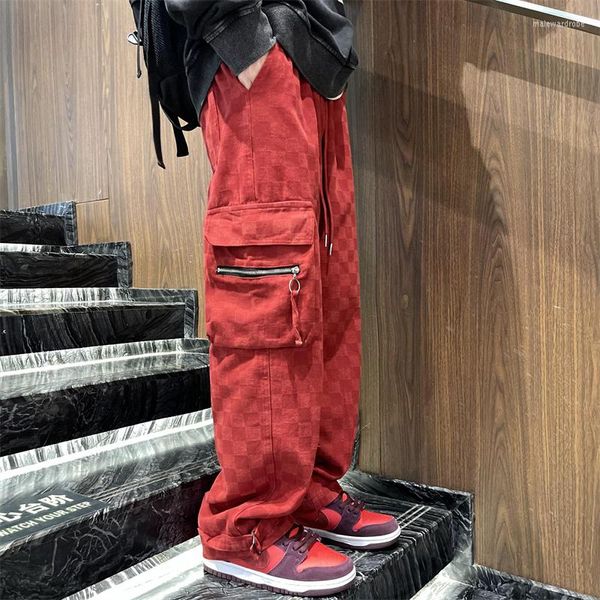 Jeans da uomo Scacchiera giapponese Scacchiera Fashion Street Hip Hop Pantaloni larghi dritti larghi Coppia capispalla rosso nero
