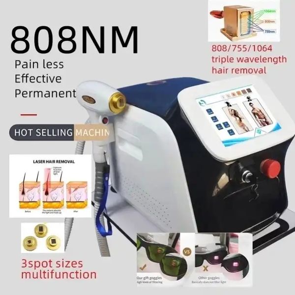 Removedor de pêlos a laser de diodo 808nm Epliator Rejuvenescimento da pele Ferramentas para cuidados com a pele Máquina de remoção de pêlos a laser de diodo com 755 808 1064nm