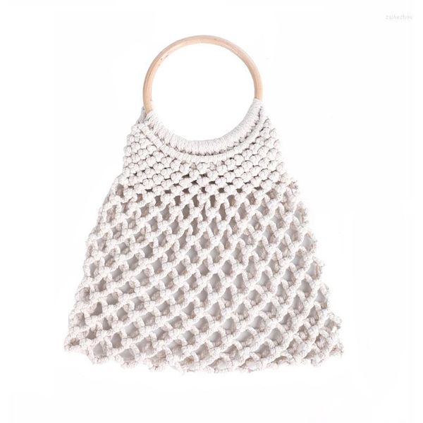 Borse da sera Borsa di paglia a rete cava Cotone intrecciato a mano Anello di legno rotondo Rattan Portatile Donna 2023 Summer Beach