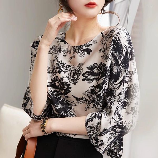 Blusas Femininas Camisa de Cetim Senhoras Verão 2023 Seda Estampado Estilo Chinês Solto Manga Curta Top O-Neck Roupas Elegantes YCMYUNYAN