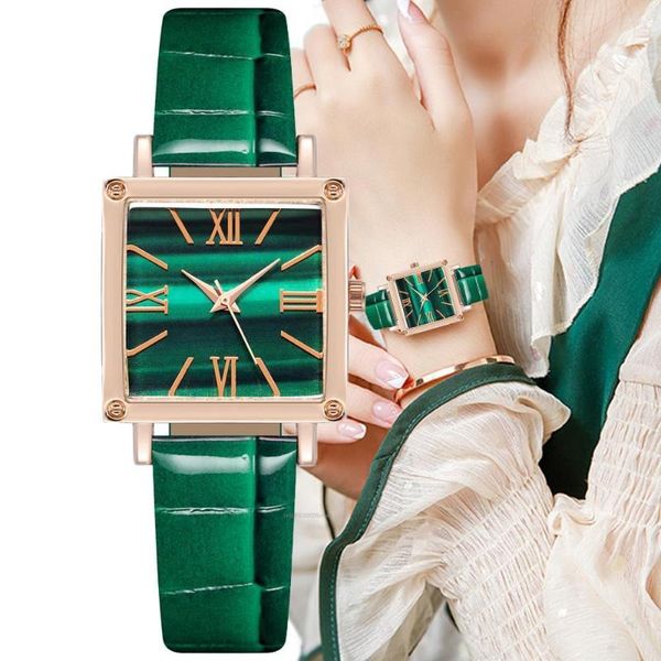 Relógios de pulso Relógios femininos Quartzo Moda Quadrado Turquesa Roma Para Mulheres Casual Simples Verde Relógio Pulseira De Couro