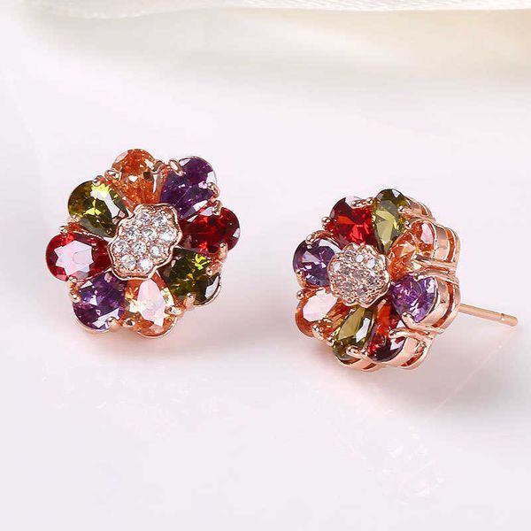 Vintage Foloral Wedding Boho Stud Earring Cute Women Jewelry Orecchini Studs Colorful Zircon Crystal Rose Gold Bling Cz Cubic Zirconia Piercing Ear Ring For Bride