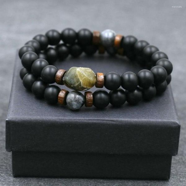 Strand 2pcs Homens Pulseira Pedra Lava Natural Pedra da Lua Buda Tibetano Contas de Madeira Pulseiras Para Casais Jóias Tobilleras