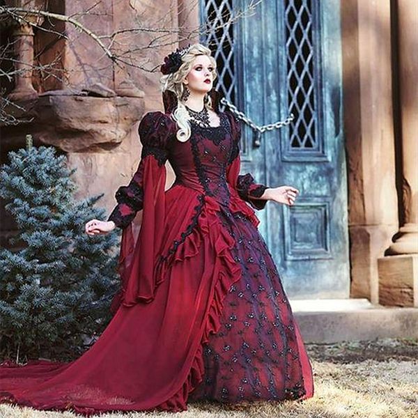 Vintage Gothic Viktorianische Brautkleider Langarm Mittelalter Steampunk Burgund und Schwarz Brautkleider Spitzenapplikationen Chiffion Frauen tragen 2023