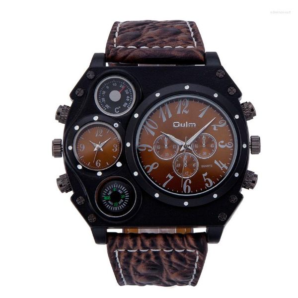 Orologi da polso Oulm Unique Shape Outdoor Cinturino da uomo in pelle al quarzo con doppio fuso orario Orologio Relógios Masculinos De Luxo Original