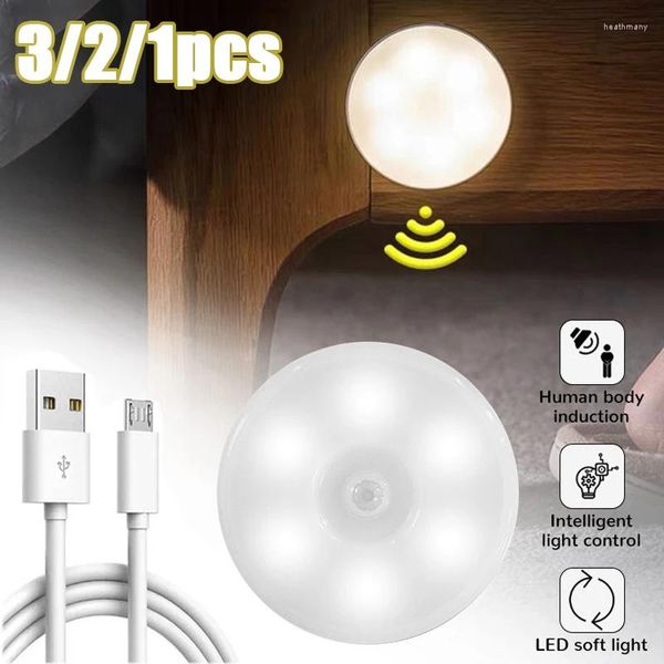 Gece Işıkları 3/1pc Hareket Sensörü Işığı LED USB Gece Işığı Yatak Odası Mutfak Merdiveni Koridor Dolap Dolap