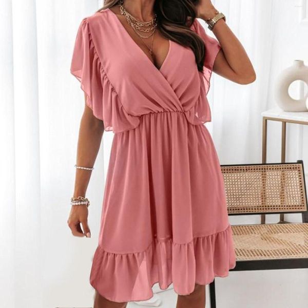 Vestidos de Festa Elegante Solto Chiffon Manga Curta Decote em V Cor Sólida Vestido de Verão Vestidos de Verão Feminino Robe Femmes