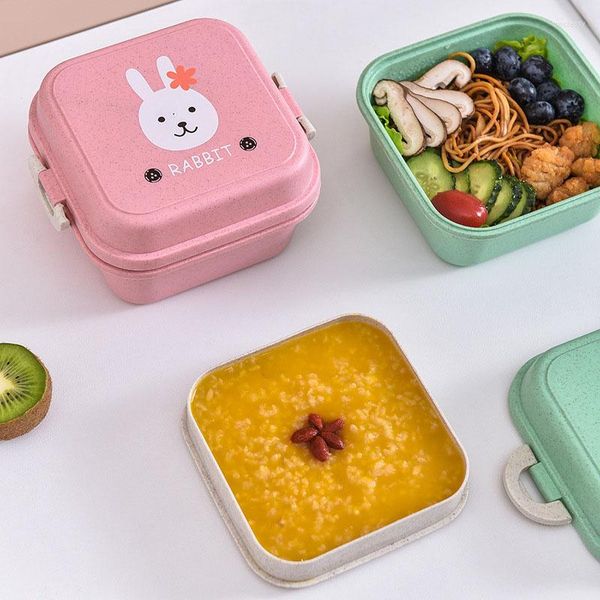 Set di stoviglie Simpatico motivo animale Pranzo in plastica Bento Box Bambini Baby Snack Doppi strati Lunchbox Contenitore per microonde portatile