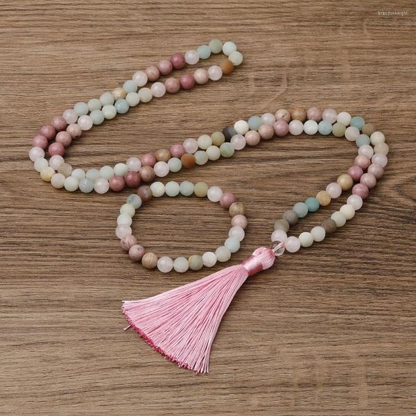 Colar Brincos Conjunto OAIITE 8mm Rodocrosita Amazonita Beads Mala Pedra Natural Colares Oração Pulseira Coração Pacífico Jóias