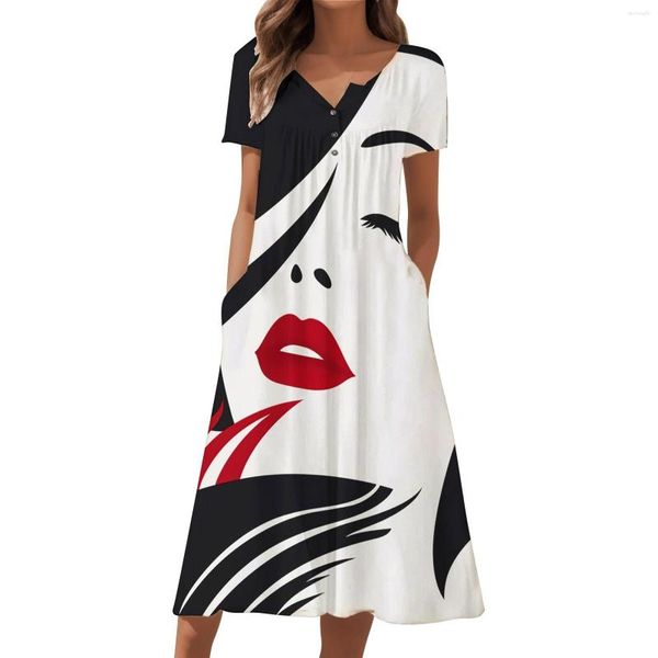 Lässige Kleider Vintage Face Print Maxikleid für Frauen Sommer Lose Kurzarm Midi Elegante Dame Boho Party A-Linie mit Taschen