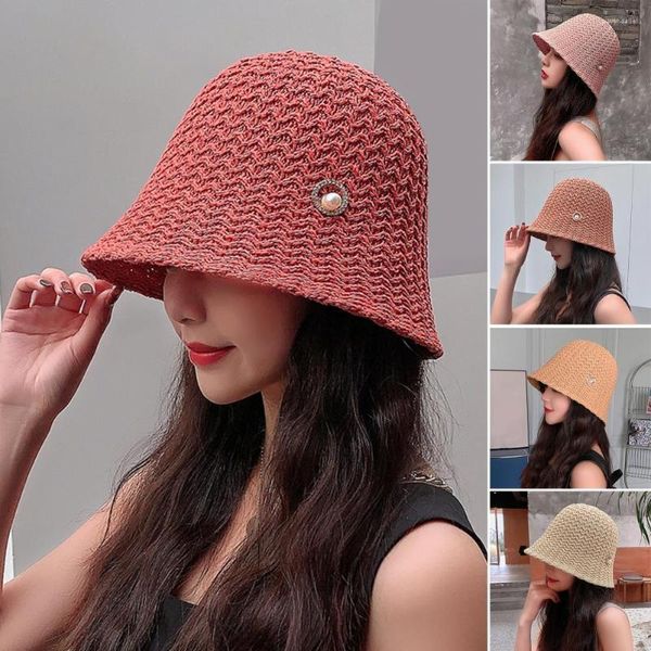 Cappelli a tesa larga Cupola tonda corta Decorazione con perle finte Cappello da pescatore Donna Estate Tinta unita Pescatore Stile coreano