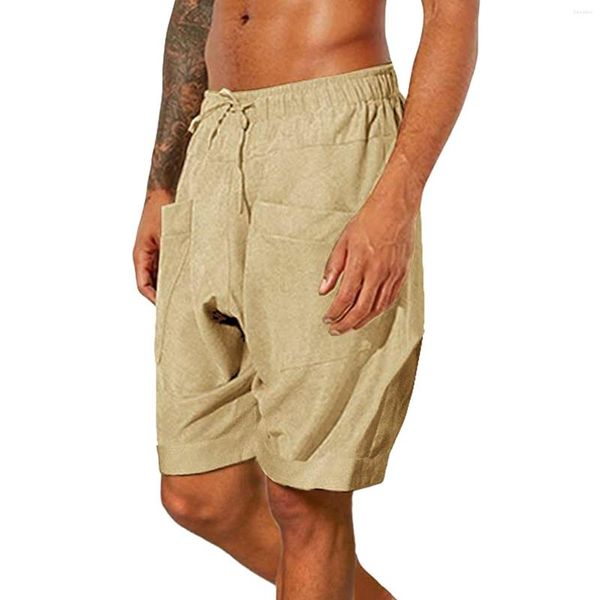 Pantaloni da uomo in misto cotone tinta unita con coulisse mezzo elastico in vita vestibilità ampia larghi Harem pantaloncini da spiaggia per vacanze estive per