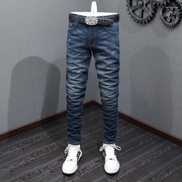 Jeans Masculino High Street Moda Masculino Retrô Azul Escuro Elástico Elástico Ajuste Justo Rasgado Brand Designer Calças Hip Hop Hombre