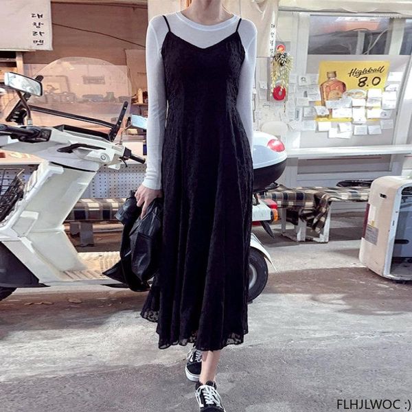 Casual Kleider Lange Chic Vestidos Frauen Ärmellose Süße Japan Korea Stil Preppy Mädchen Retro Vintage Aushöhlen Spitze Tank Kleid