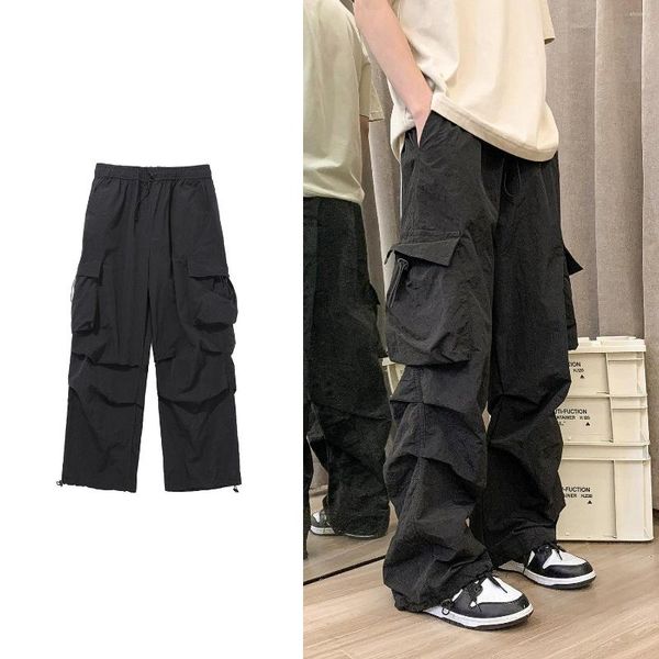 Calça Masculina Masculina Cargo Harajuku Hip Hop Cintura Elástica Calça Solta Streetwear Masculino Bolsos Casuais com Cordão Feminino