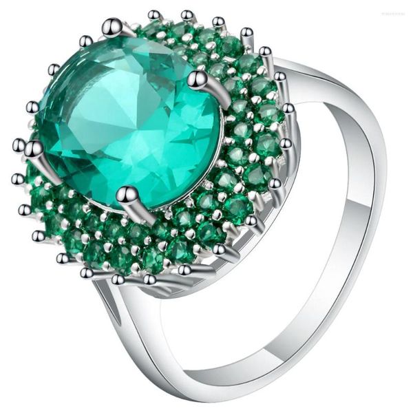 Fedi nuziali Elegante Micro Pavimenta Verde Zircone Fiore Femme Colore Argento Romantico Design Rotondo Dito Per Le Donne Goccia