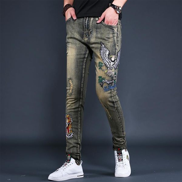 Jeans masculinos de alta qualidade, calças de brim elásticas, modernas, bordadas, rasgadas, casuais, elegantes, sexy, calças de rua; 230707