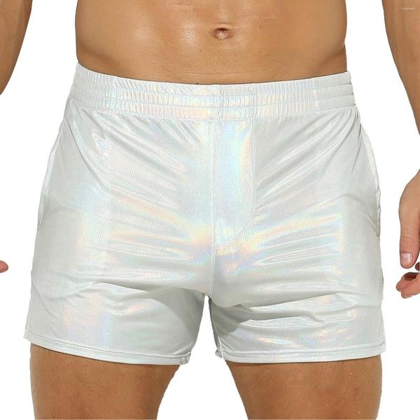 Shorts Masculino Couro Sintético Brilhante Cintura Baixa Calça Curta com Bolsos Traje de Festa Boate para Pole Dance Show de Palco Roupa Rave